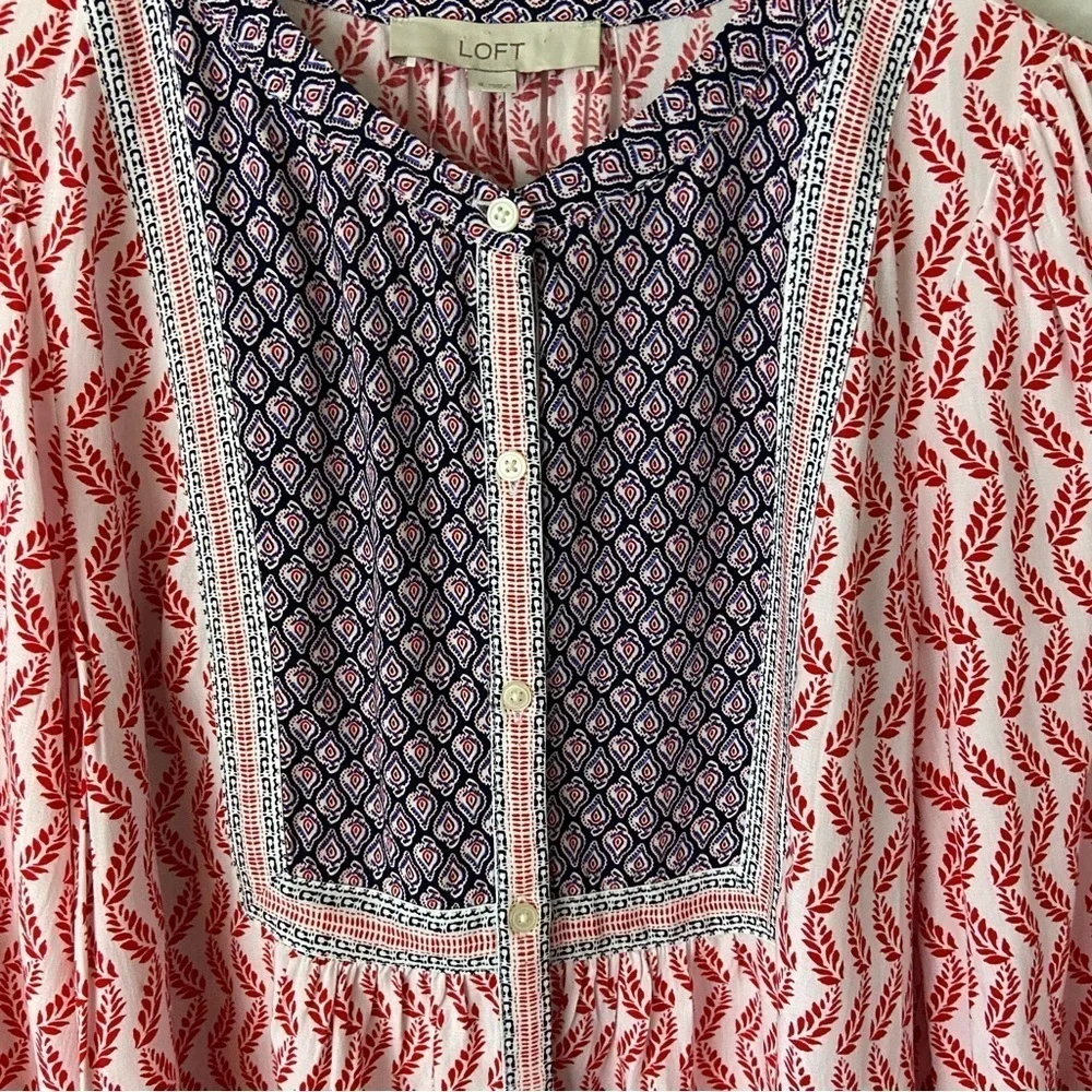 Loft Boho Leaf Bib Blouse Flowy Cottagecore Peasant Feminine Sz S
